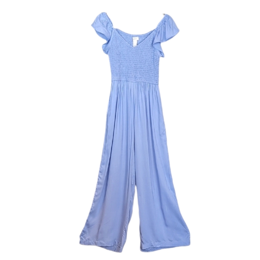 Japna Blue Smocked Wide Leg Jumpsuit XS Flutter Sleeve Pockets Boho Cottagecore